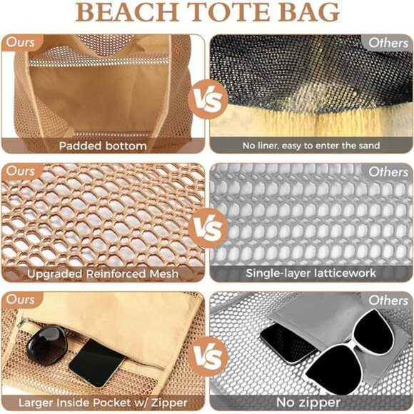 Beach Mesh Tote Bag, Casual Tote Bag Hobo for Women Foldable Handbag - Picture 5 of 7